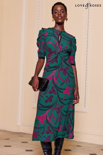 V&A | Love & Roses Green Floral Printed Ruched Sleeve V Neck Midi Dress (K64500) | £58
