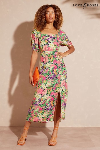 Love & Roses Pink Floral Square Neck Puff Sleeve Printed Midi bien Dress (K64501) | £48