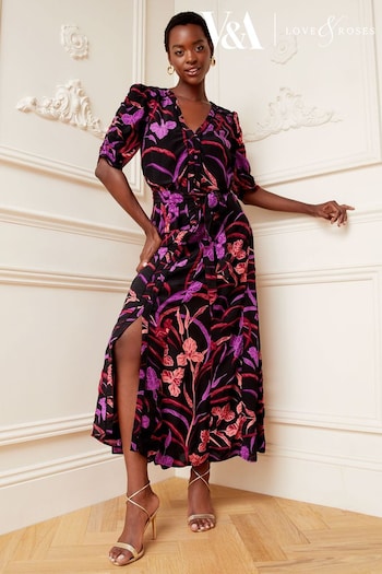 V&A | A-Z Womens Sports Brands Black Floral Petite Printed Ruched Sleeve V Neck Midi Dress (K64506) | £58