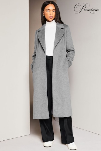 Lipsy Grey Premium Wool Blend Faux Fur Collar Wrap Coat (K64581) | £199