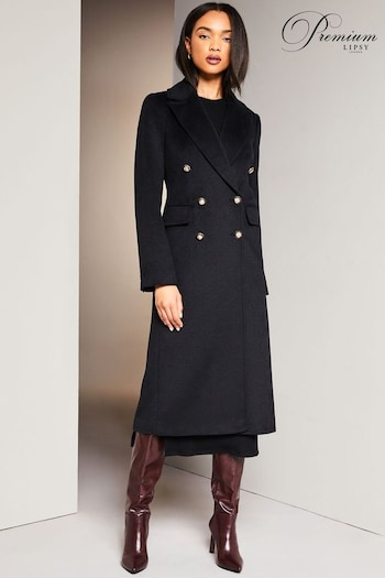 Lipsy Black Premium Wool Blend Faux Fur Collar Double Breasted Coat (K64582) | £190