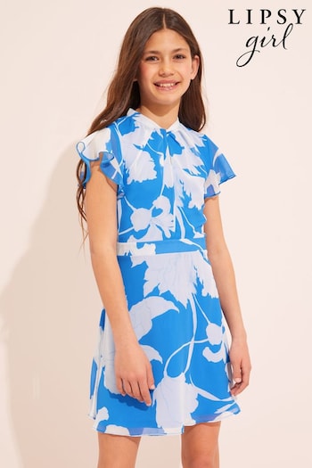 Lipsy Blue Chiffon Twist Neck Flutter Sleeve Dress (K64811) | £35 - £43