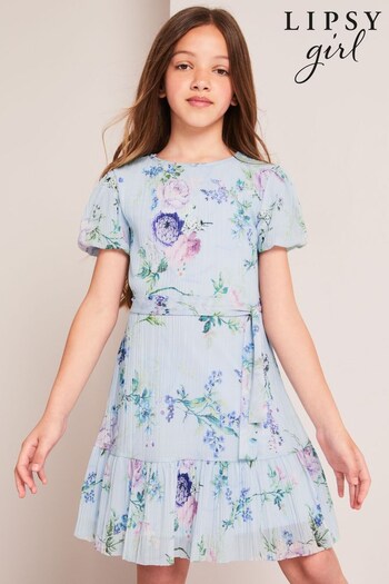 Lipsy Blue Floral Puff Sleeve Tie Waist Dress (K64812) | £26 - £34