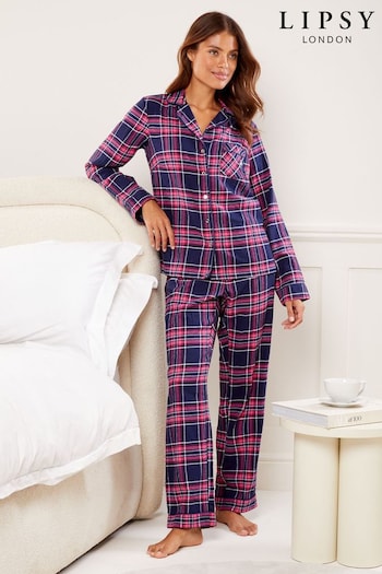 Lipsy Navy Blue/Pink Checked Long Sleeve Shirt and Trousers Pyjamas (K64825) | £44