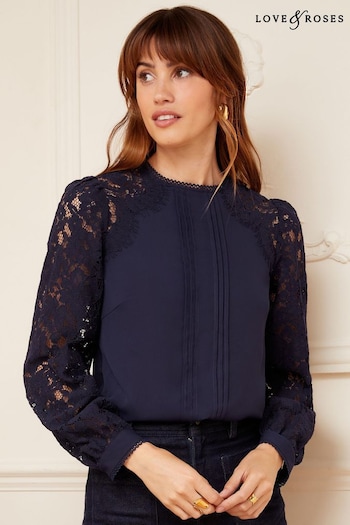 Love & Roses Navy Blue Tie Back Long Sleeve Lace Blouse (K64850) | £40