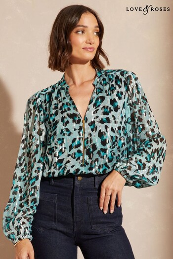 Love & Roses Blue Metallic Animal Petite Zip Front Mix Sheer Long Sleeve Blouse (K64857) | £38