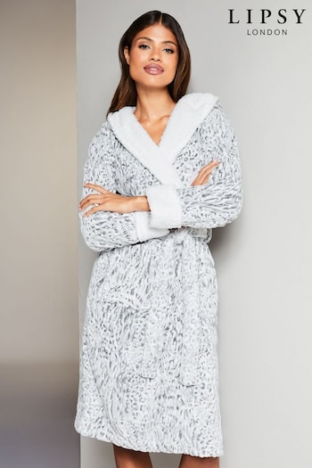 Lipsy Grey Leopard Animal Cosy Borg Super Soft Dressing Gown (K65010) | £38