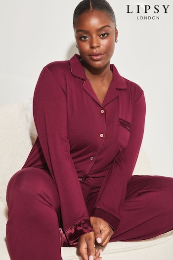 Lipsy Berry Red Curve Jersey Satin Mix Long Sleeve Shirt and Trousers Pyjamas (K65023) | £40