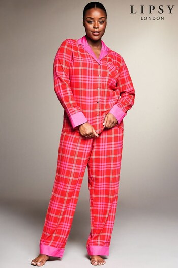 Lipsy Pink/Red Curve Checked Long Sleeve Shirt and Trousers Pyjamas (K65025) | £44