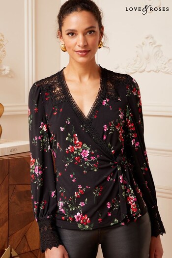 Love & Roses Black Floral Wrap Long Sleeve Lace Trim Jersey Top (K65039) | £36