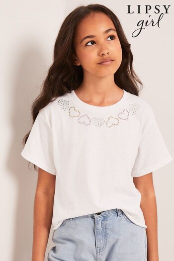 Lipsy White Heart Embellished Detail T-Shirt (K65046) | £14 - £20
