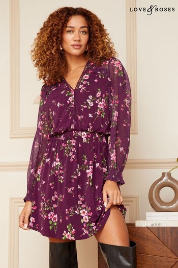 Love & Roses Purple Floral Petite Floral Jersey Mix Long Sleeve Mini Dress (K65053) | £49