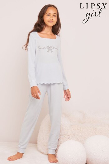 Lipsy Blue Waffle Embellished Pyjamas (K65064) | £20 - £28