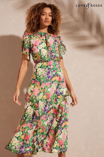 Love & Roses Ivory Floral Printed Flutter Sleeve Tiered Ruffle Midi Dress (K65076) | £74