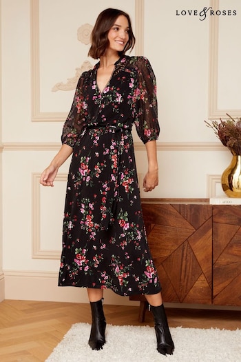Love & Roses Black Floral Jersey Dobby Mix V Neck 3/4 Sleeve Midi Pocket Dress (K65077) | £54