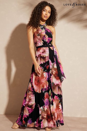 Love & Roses Black Floral Twist Neck Halter Pleated Midi Dress (K65078) | £74