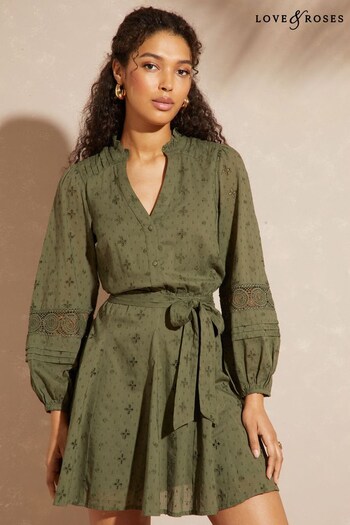 Love & Roses Khaki Green Cotton Dobby Crochet Trim Belted Long Sleeve Mini Dress (K65083) | £49