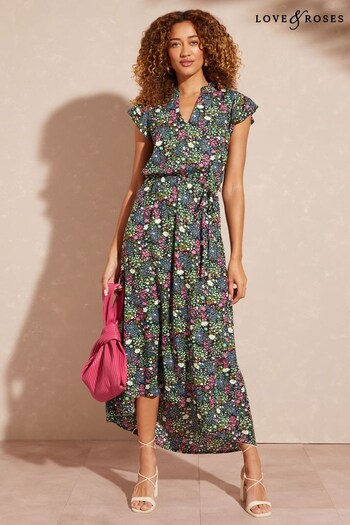 Love & Roses Black Floral Printed Ruffle Belted Midaxi Dress (K65084) | £46