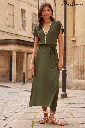 Love & Roses Khaki Green Sequin Trim Notch Neck Short Sleeve Belted Midi Dress (K65085) | £58
