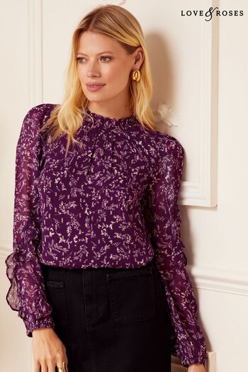 Love & Roses Purple Floral Long Ruffle Sleeve High Neck Blouse (K65090) | £38