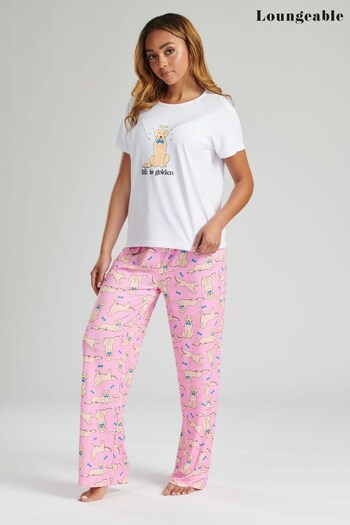 Loungeable Pink ''Life Is Golden Puppy' Tshirt And Long Pant Pyjama Set (K65106) | £22