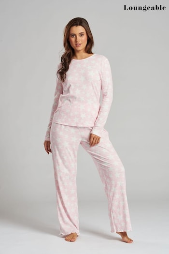 Loungeable Pink Marl Star Brushed Rib Long Sleeve Top And Trouser Set (K65110) | £28