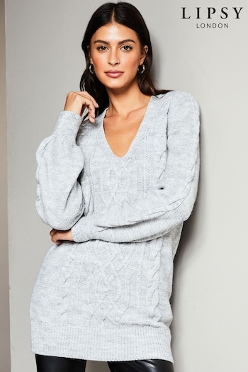 Lipsy Grey Longline Scoop Neck Cable Knitted Jumper (K65130) | £40