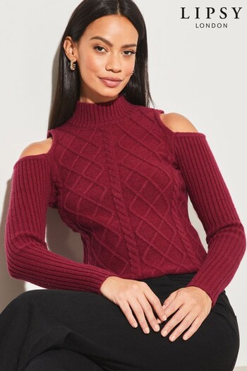 Lipsy Berry Red Could Shoulder Cable Knitted Jumper (K65135) | £38