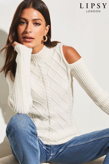 Lipsy Ivory White White Could Shoulder Cable Knitted Jumper (K65137) | £38