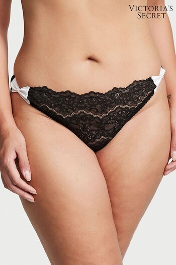 Victoria's Secret Black and Coconut White Satin Bow Lace Thong Knickers (K65279) | £14