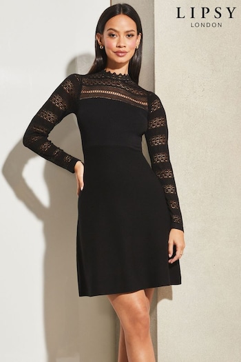 Lipsy Black Lace Fit and Flare Long Sleeve Knitted Dress (K65305) | £59