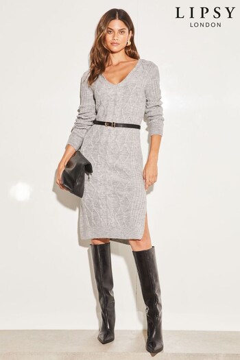 Lipsy Grey V Neck Cable Knit Jumper Cotone Dress (K65309) | £48