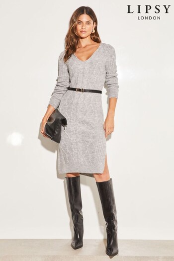 Lipsy Grey V Neck Cable Knit Jumper Dress (K65309) | £48