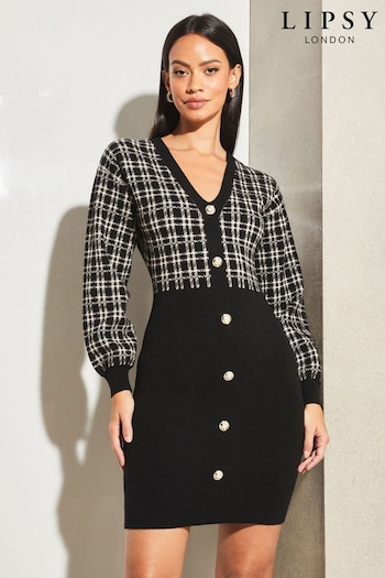 Lipsy Black/White 2 in 1 Check Button Through Knitted Dress (K65311) | £56