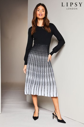 Lipsy Black/White 2 in 1 Pleated Knitted Long Sleeve Midi Dress (K65314) | £62
