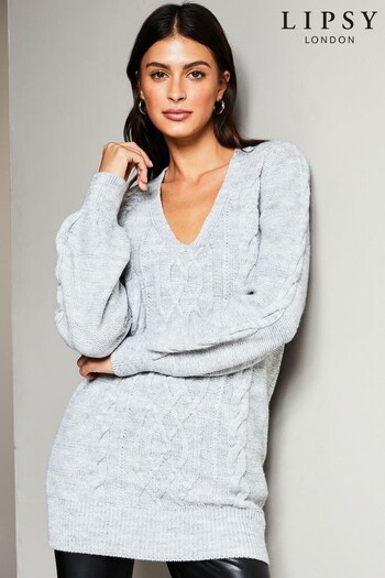 Lipsy Grey Petite Longline Scoop Neck Cable Knitted Jumper (K65375) | £40