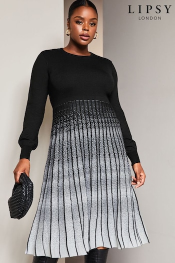 Lipsy Black/White Curve 2 in 1 Pleated Knitted Long Sleeve Midi Dress (K65498) | £62