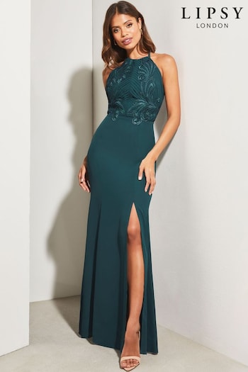 Lipsy Blue Artwork Lace Halter Split Maxi Dress dress (K65503) | £95