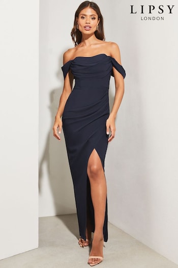 Lipsy Navy Bardot Split Drape Maxi Dress (K65505) | £88