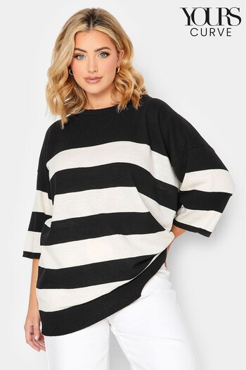 Yours Curve Black Short Sleeve Knitted Tee Stripe Jumper (K65543) | £26