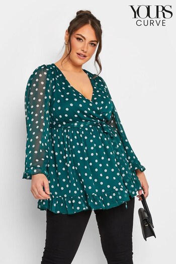 Yours Curve Green London Ruffle V-Neck Wrap Top (K65551) | £37