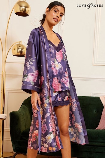 Love & Roses Purple Belted Satin Dressing Gown (K65604) | £35
