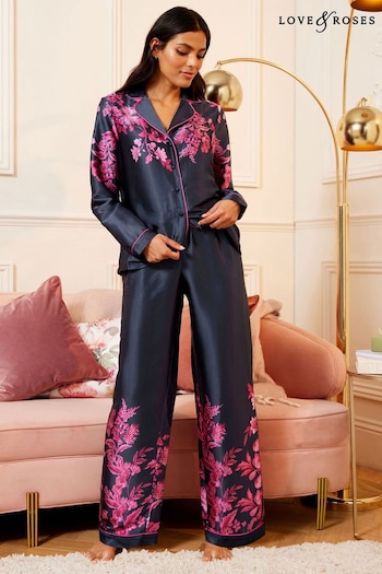 V&A | Love & Roses Navy Blue Pink Floral Long Sleeve Shirt and Trousers Pyjamas (K65605) | £40