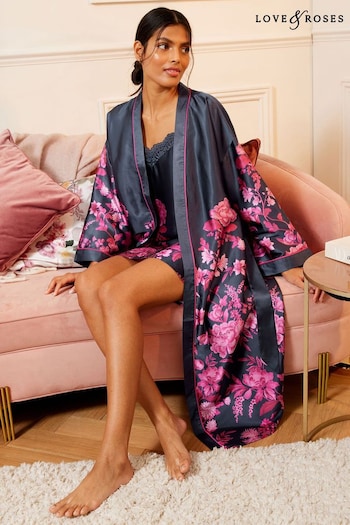 V&A | Love & Roses Navy Blue Pink Floral Self Tie Satin Dressing Gown (K65606) | £35