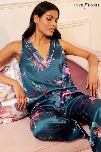 V&A | Love & Roses Green Floral Satin Vest Pyjamas (K65610) | £36