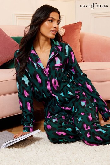 Love & Roses Green Leopard Satin Long Sleeve Shirt and Trousers Pyjamas (K65618) | £39