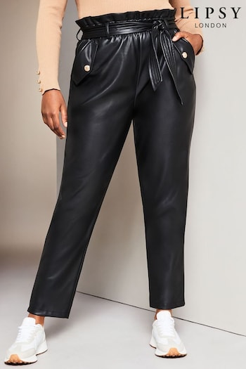 Lipsy Black Curve Faux Leather Military Button Paperbag Trousers (K65659) | £48