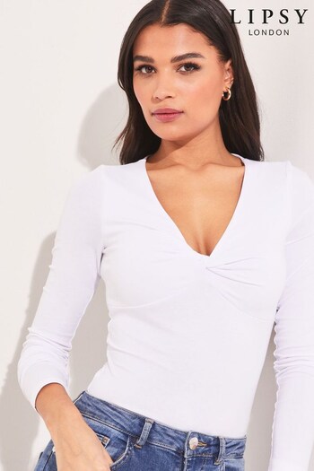 Lipsy White Twist Front V Neck Long Sleeve Jersey Top (K65677) | £24