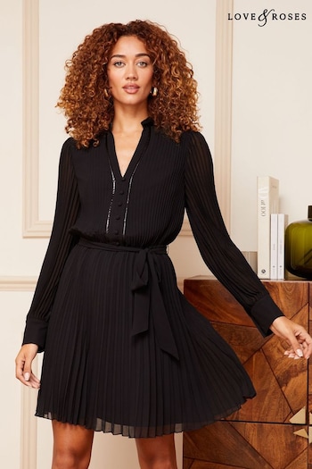 Tops & T-Shirts Black PU  Trim Pleated Belted Mini Dress (K65680) | £55