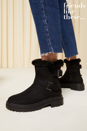 Occasion & Partywear Black Faux Fur Buckle Ankle Boot (K65702) | £49